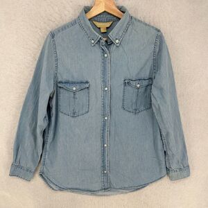Roebuck & Co Button Shirt Womens Large Chambray Denim Blue Sears Long Sleeve Top